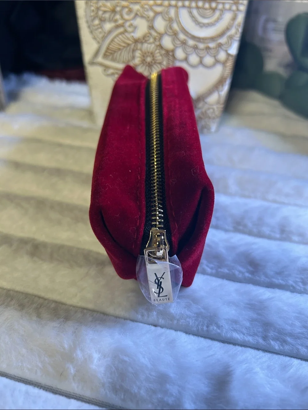 Yves Saint Laurent Velvet Cosmetic Pouch in Deep Wine Red